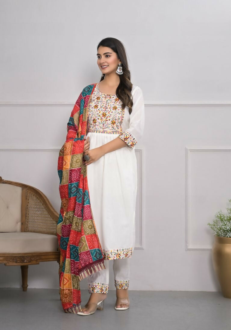 White Viscose Silk Embroidery with Thread and sequence Stitched Suit With Dupatta - Tanisha