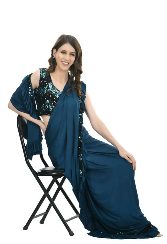 Mominos Fashion All Season Wear Peacock Blue And Black Ruffled Ready To Wear Saree