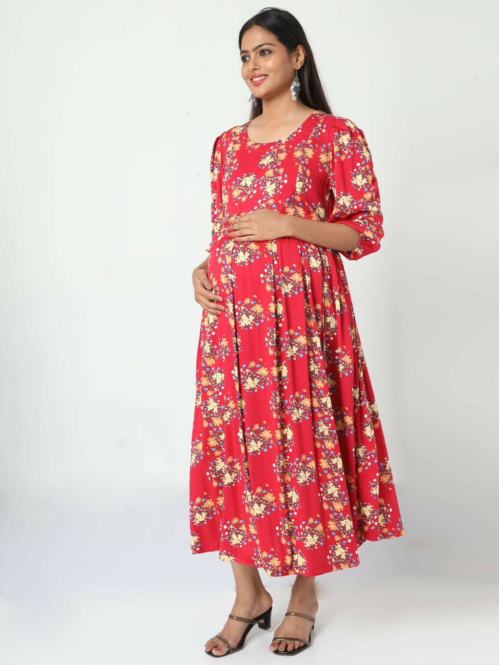 Manet Three Fourth Maternity Dress Floral Print With Concealed Zipper Nursing Access - Red
