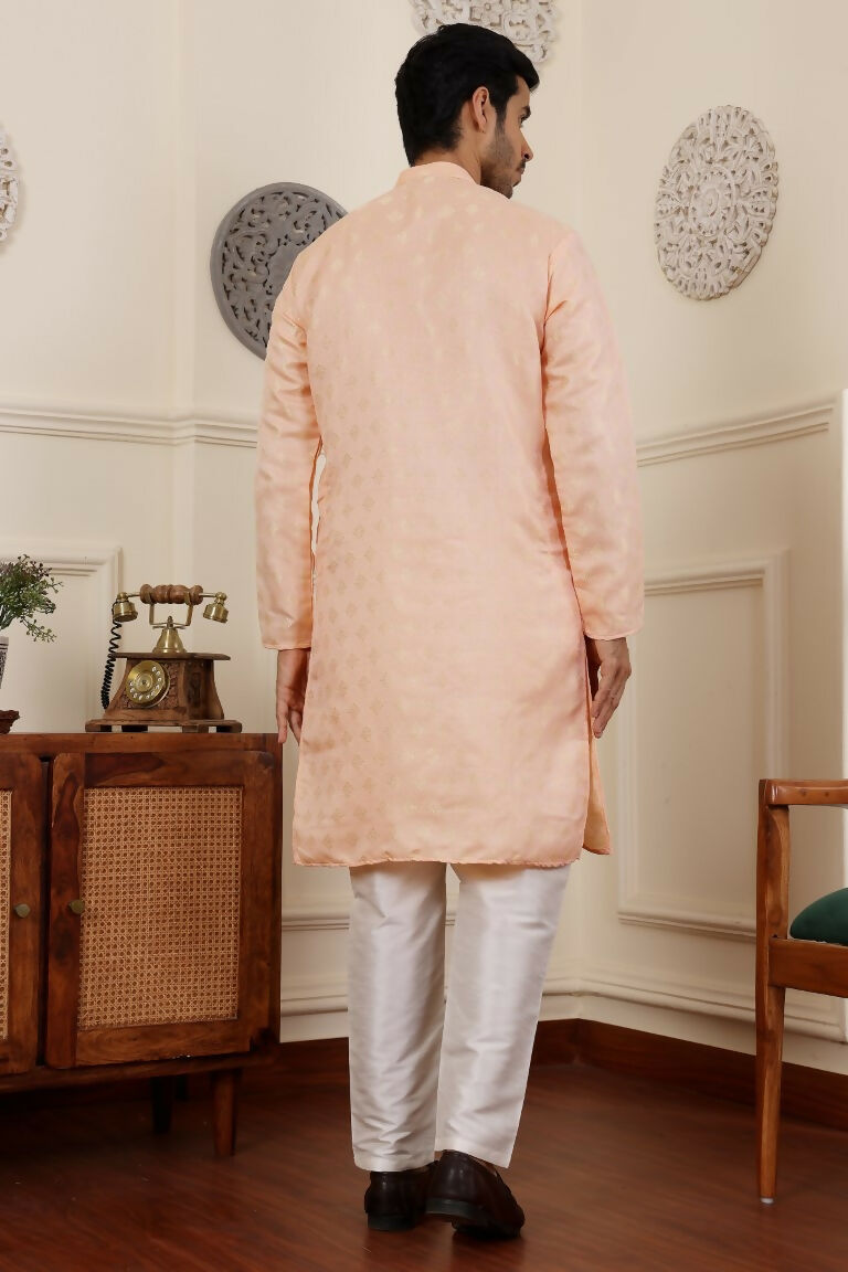 Peach Viscose Woven Jacquard Work Men's Rajwadi Kurta Set - Mahotsav