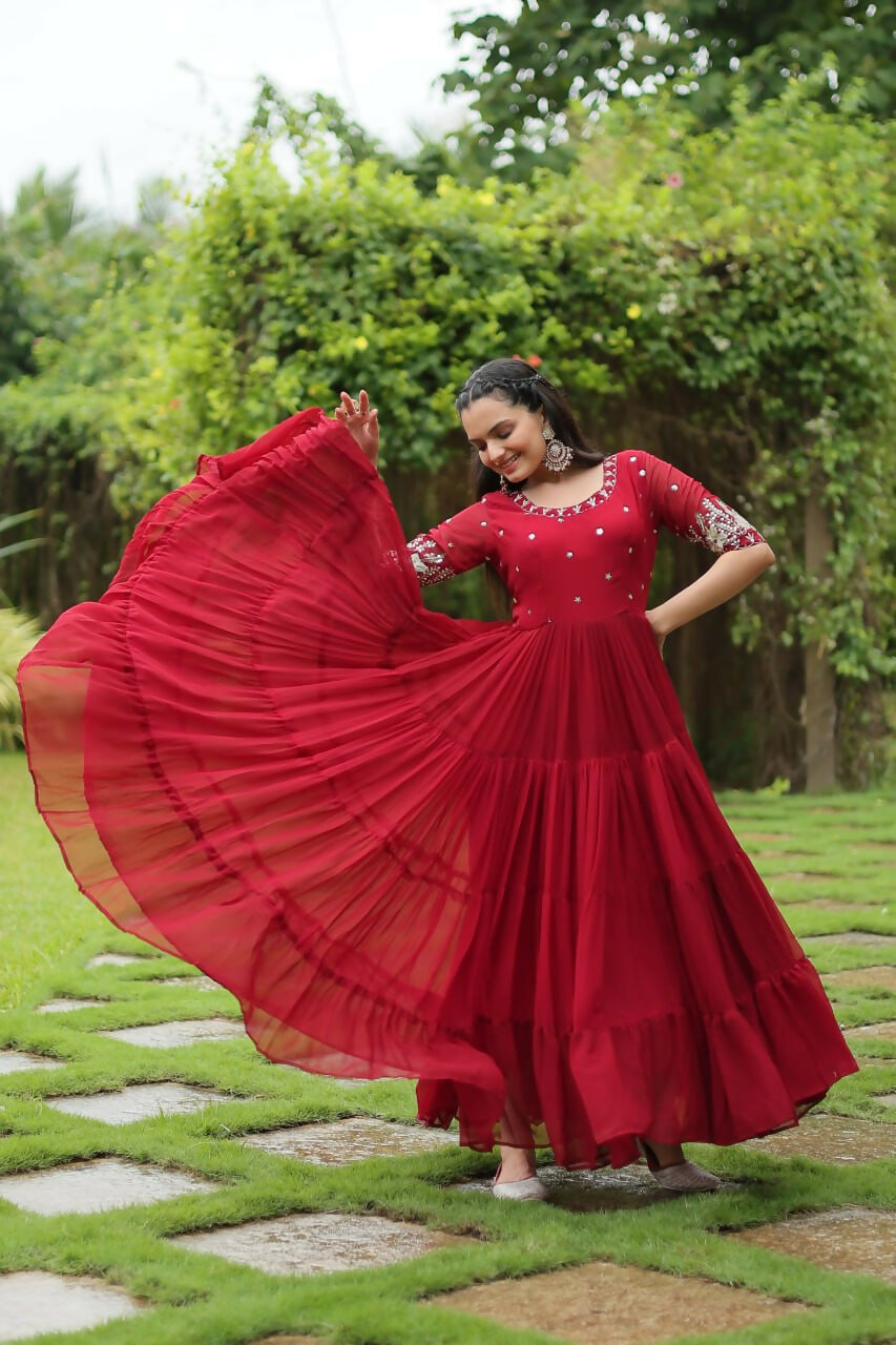 Vastranavya Premium Designer Faux Blooming with Embroidery Zari Sequins work Gown - Red