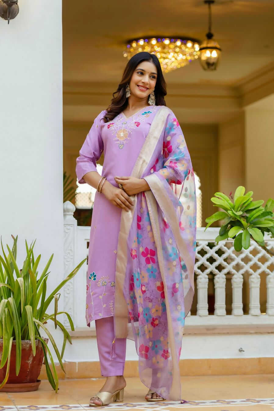 The52 Lavender Women's Gorgeous Embroidered work Viscose Gadhwal Fabric Straight Kurta, Pant and Dupatta Set