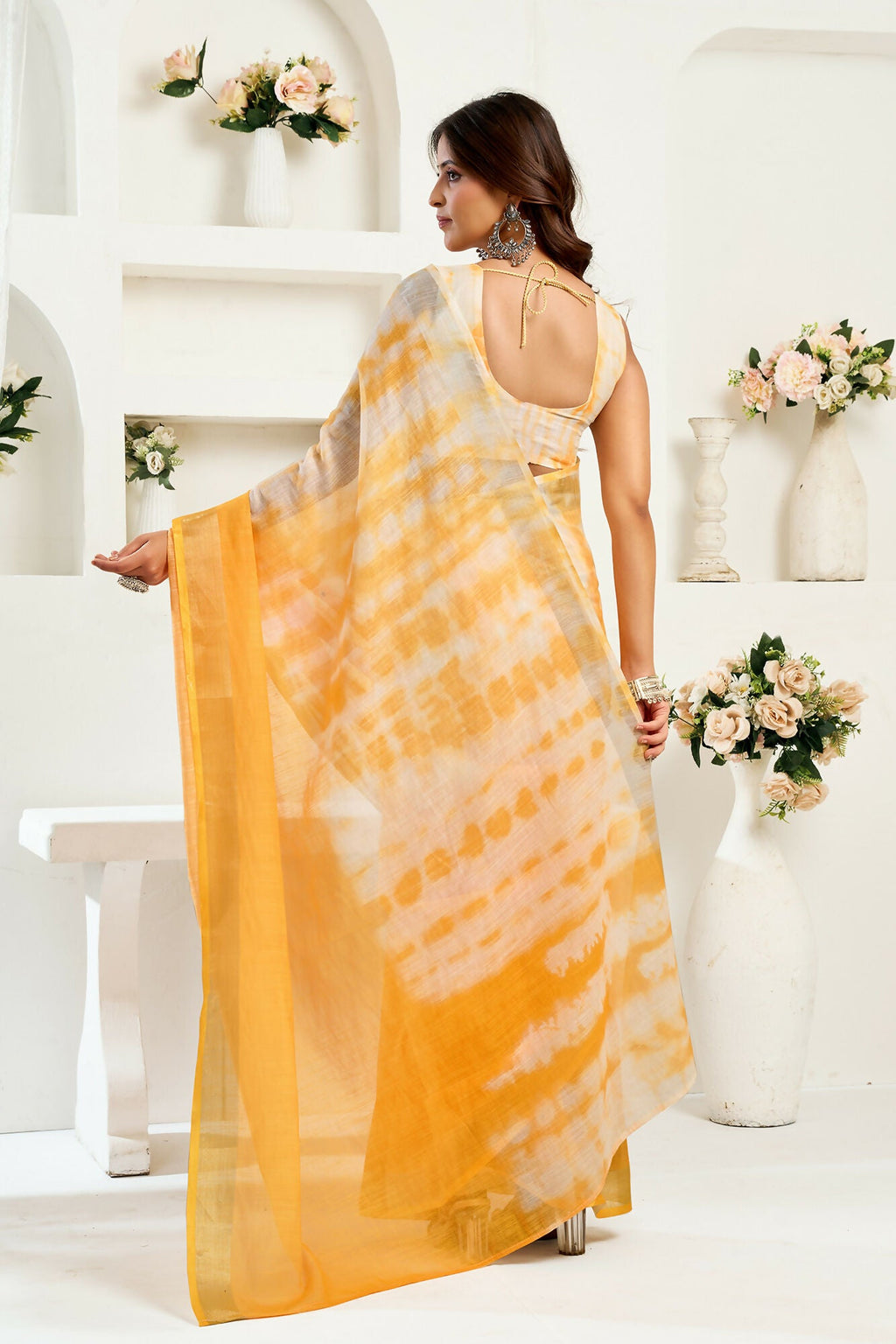 Vastranavya Yellow White Digital Printed Linen Ready To Wear Designer Saree with Unstitched Blouse