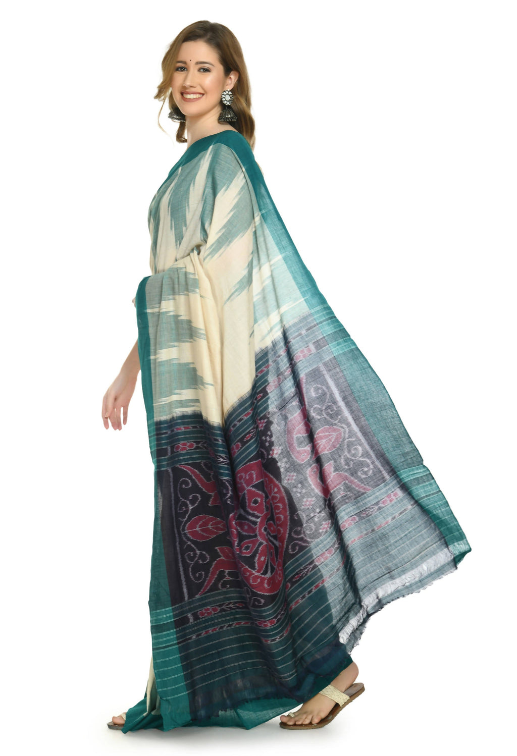 Vamika Sambalpuri Ikat Cotton Kargil Tsrite & Green Saree
