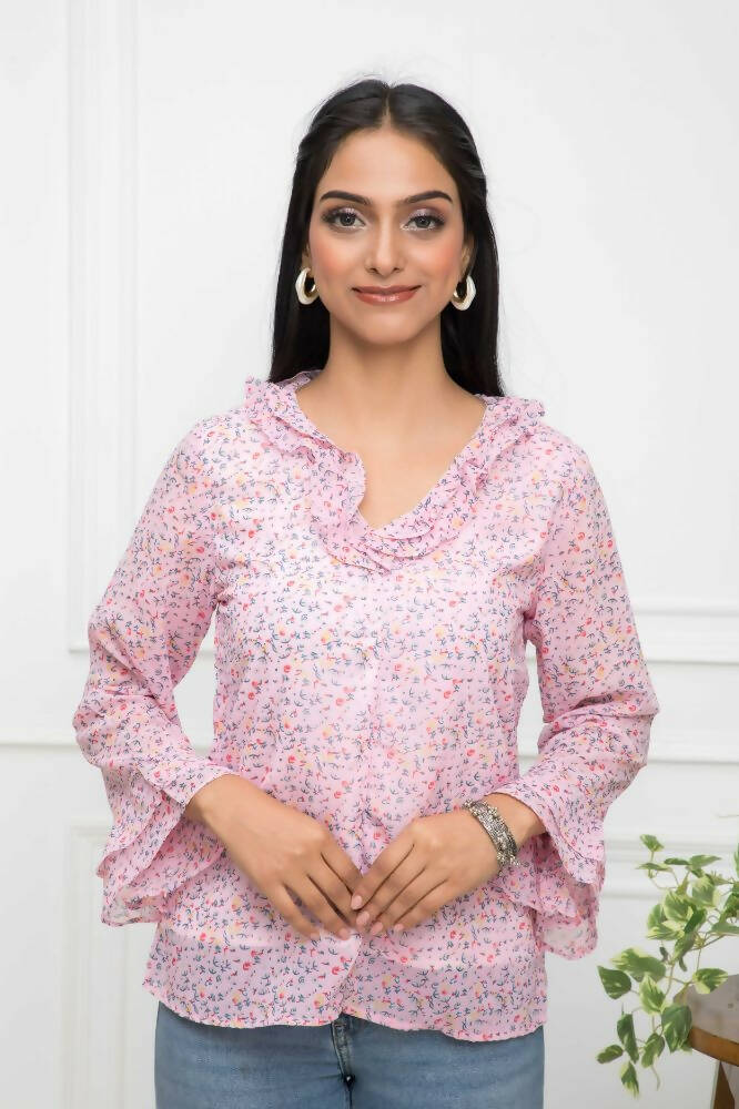 Myshka Women Pink Floral V-Neck Regular Sleeves Synthetic Georgette Top