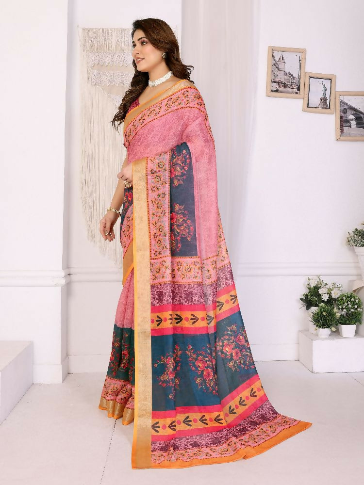 PR Fashion Orange Handloom Linen Cotton Zari Saree