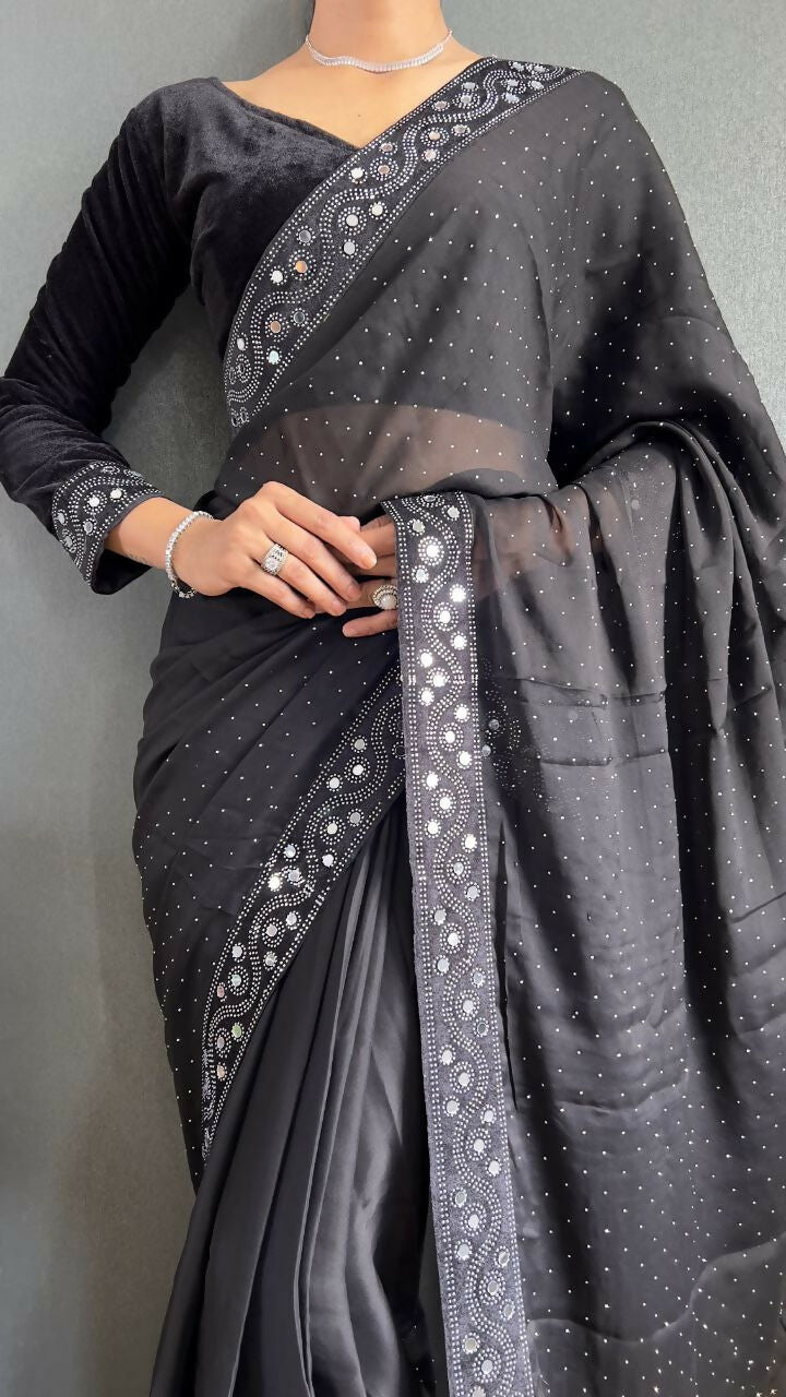 Vastranavya Black Rangoli Silk Real Mirror work with Swarovski work Ready to Wear Saree