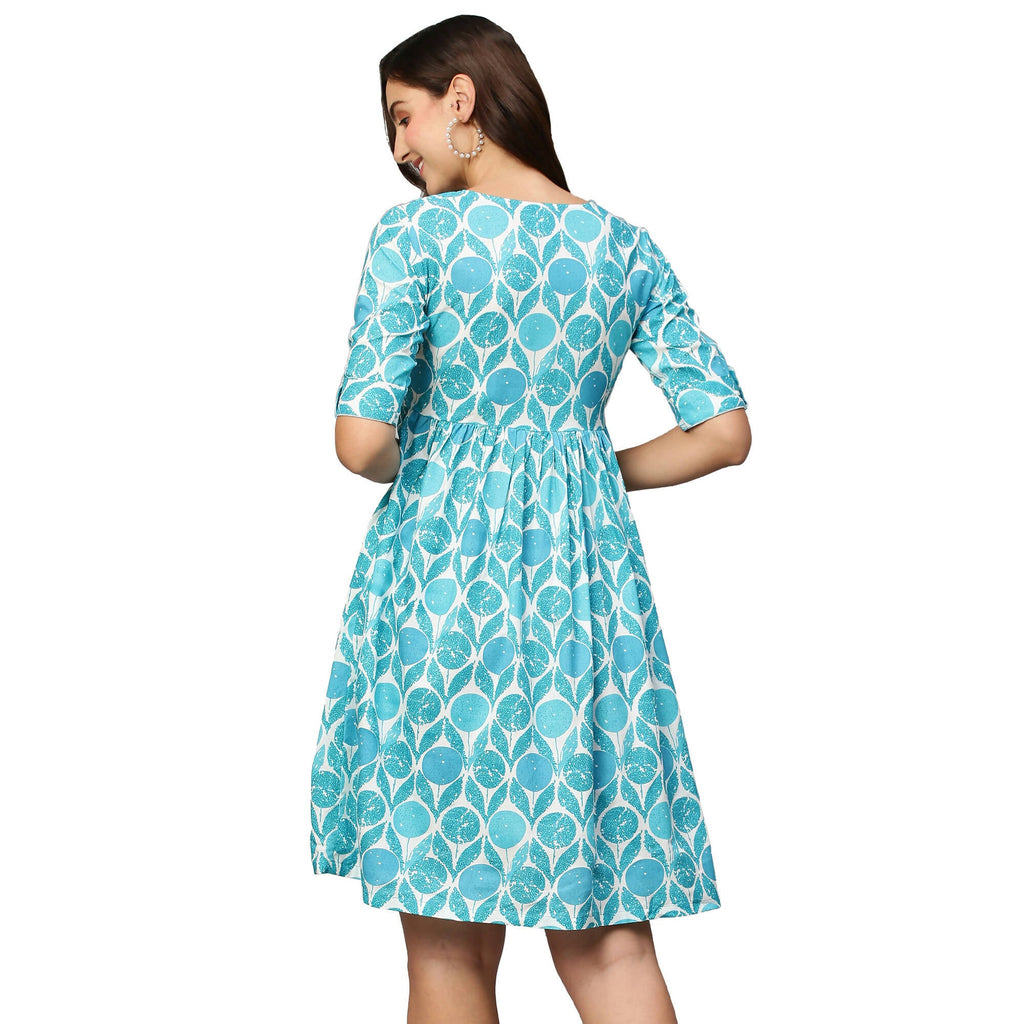 Blue & White Ethnic Motifs Printed Cotton A-Line Dress - Poonam