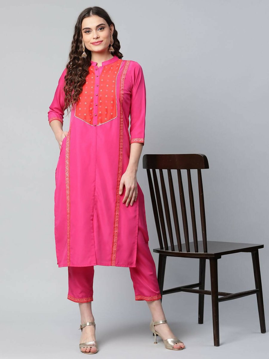 Ahalyaa Womens Pink Crepe Printed Kurta Pant Set