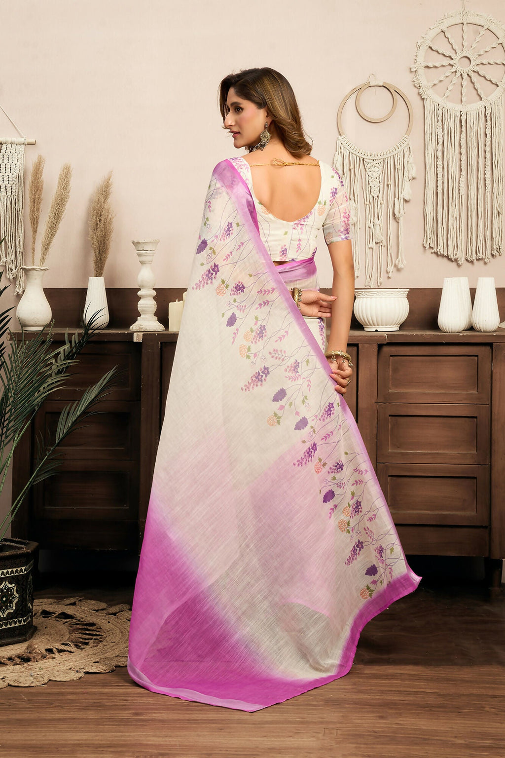 Vastranavya White Lavender Digital Printed Linen Ready To Wear Designer Saree with Unstitched Blouse
