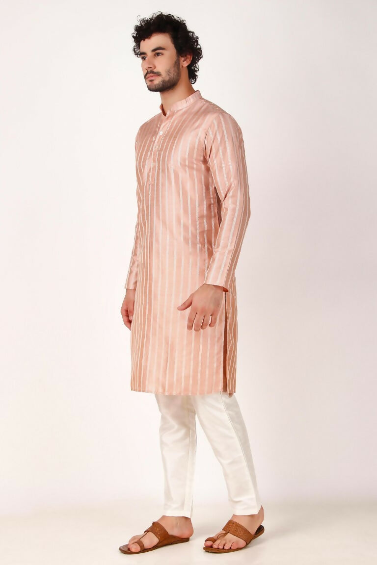 Pink Art Silk Woven Designer Men's Rajwadi Kurta Set - Mahotsav
