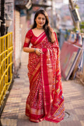 Red Cotton Crepe Zari Woven Saree with Unstitched Blouse - Hiral Fashion