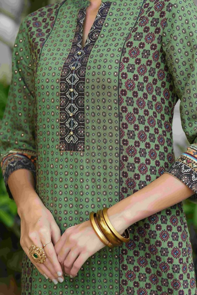 Juniper Green Ethnic Motif Printed Rayon calf length Kurta with Beads & Gota Work