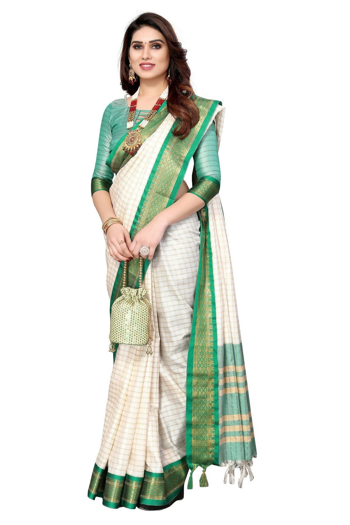 Vamika Weaving White Cotton Silk Saree (DEVAL GREEN)
