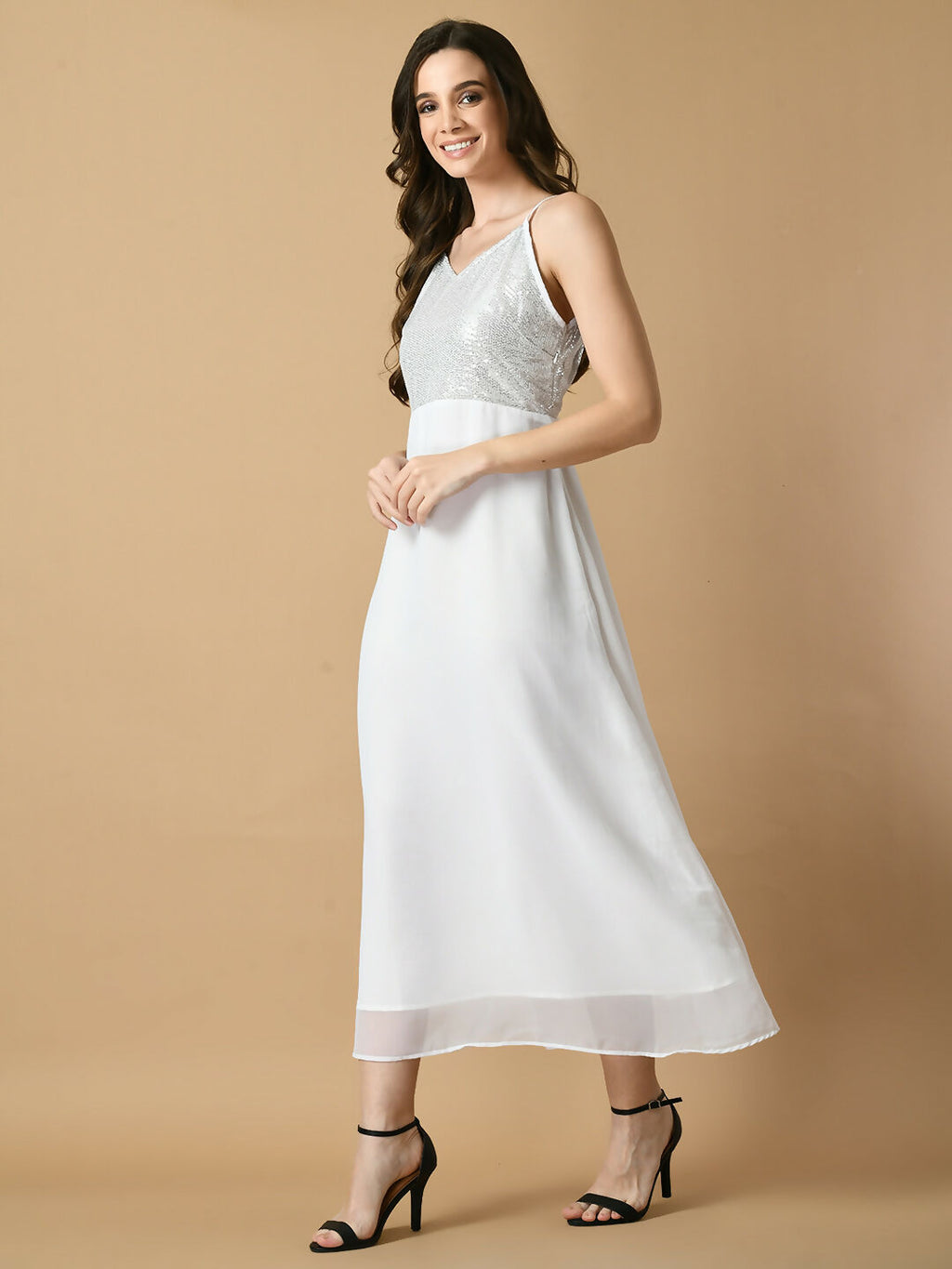 Myshka Women's White Solid Georgette Party Dress