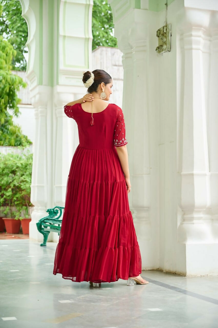 Teeya Creation Maroon Color Faux Georgette Hand Embroidery Work Party Wear Gown