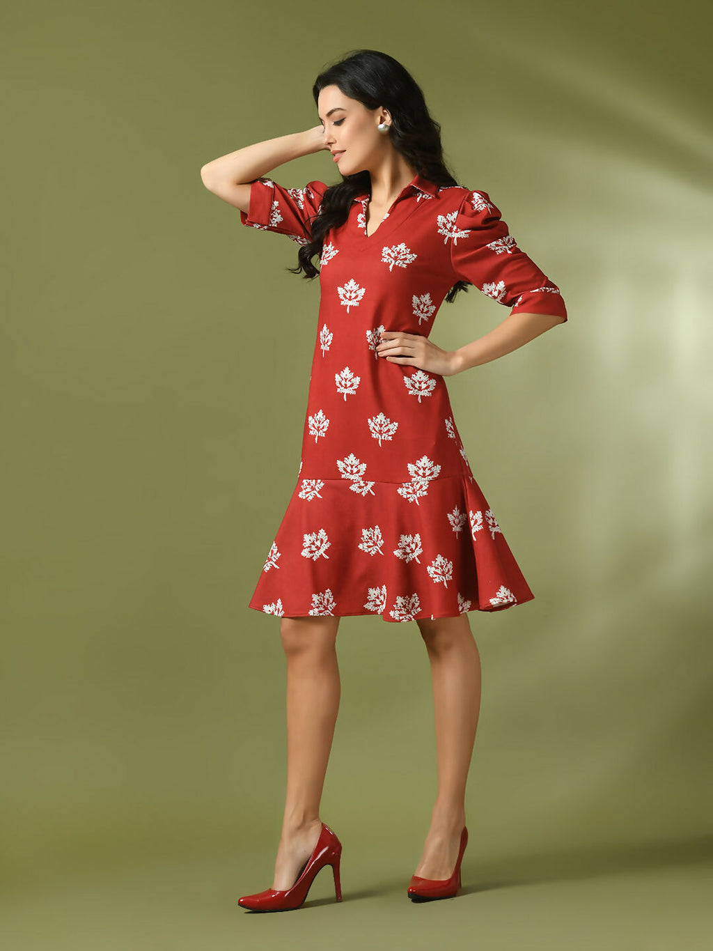 Myshka Women's Rust Printed Shirt Collar Fit and Flare Party Dress
