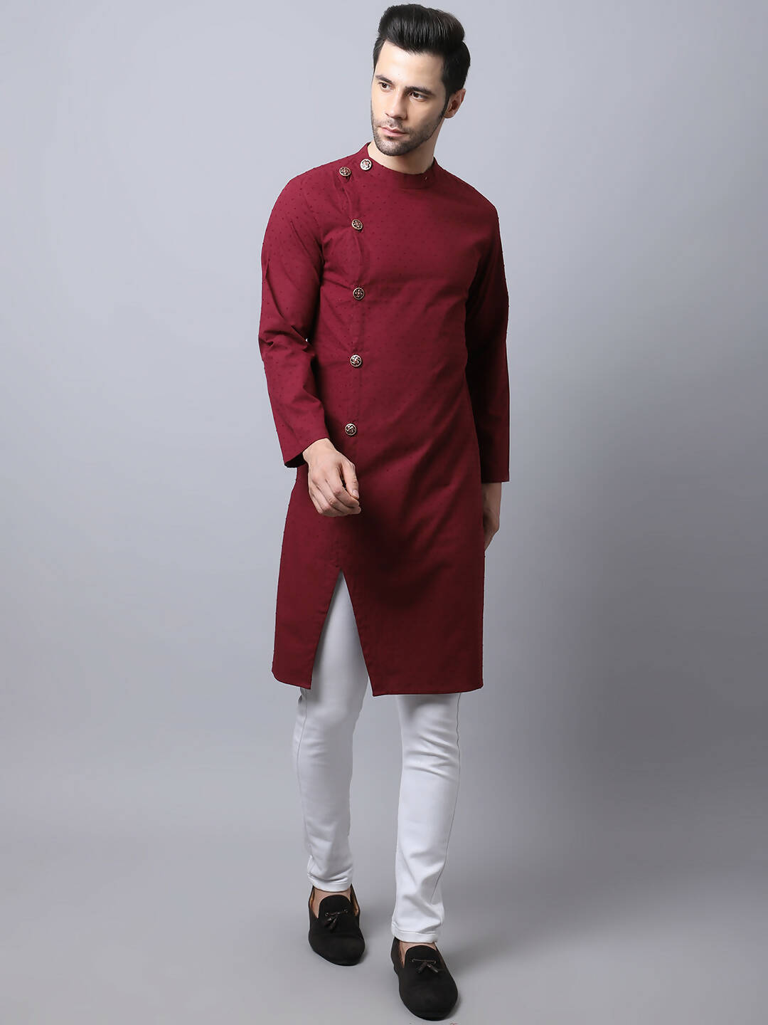 Even Apparels Maroon Pure Cotton Sherwani Men's Kurta With Asymetrical Cut