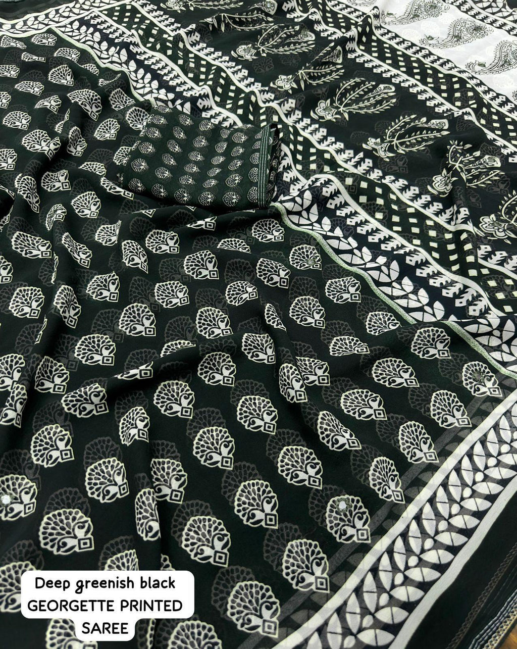 Black Poly Georgette Ajrak Saree with Unstitched Blouse - Hiral Fashion