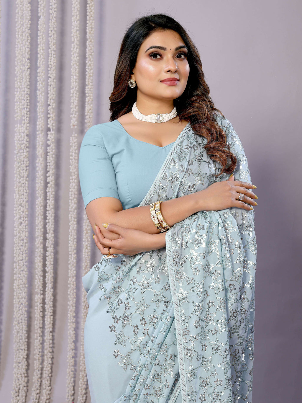 Sky Blue Pure Georgette Embroidered Saree With Stitched Blouse - Nimaya Kaksha