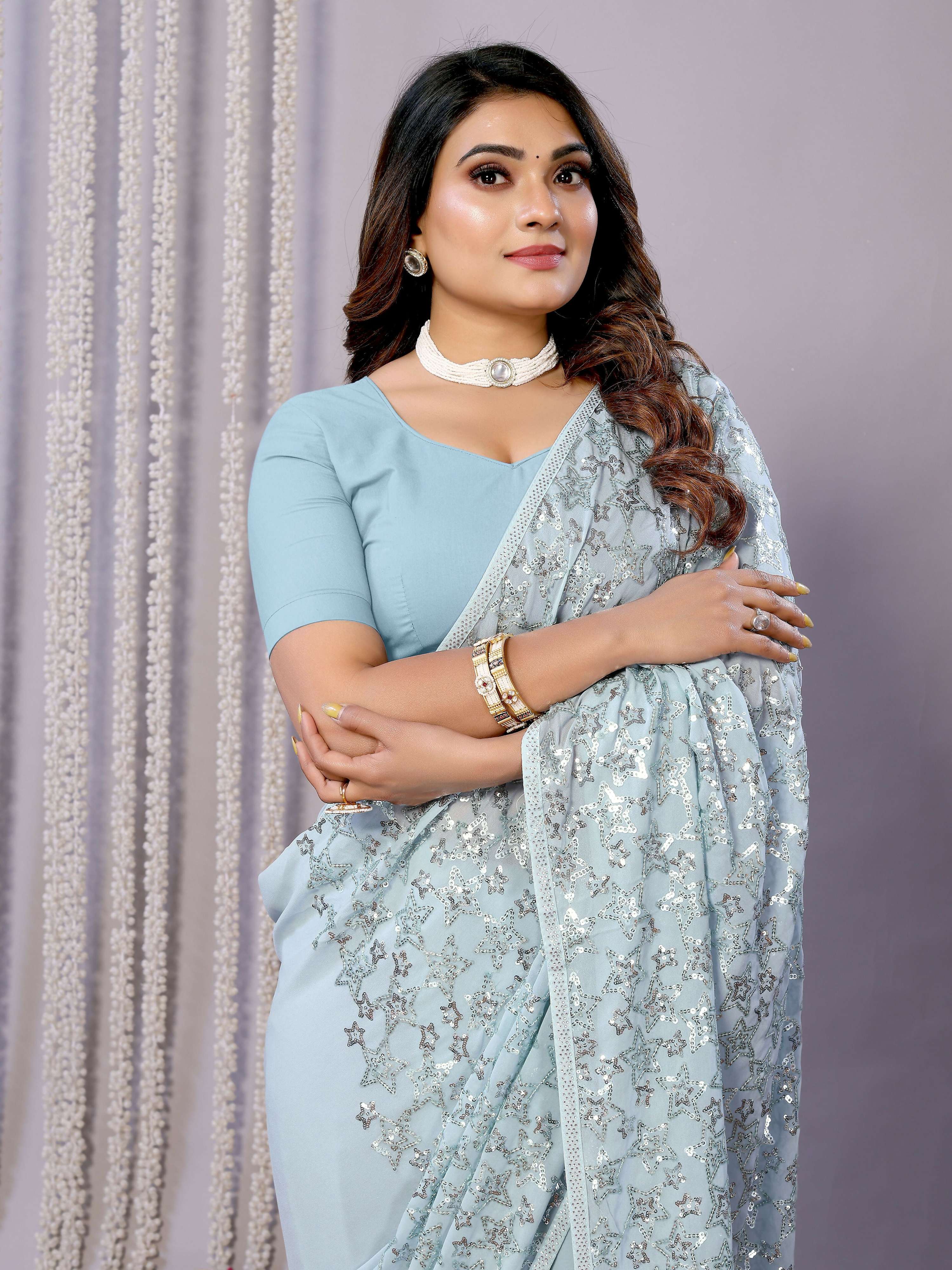 Sky Blue Pure Georgette Embroidered Saree With Stitched Blouse - Nimaya Kaksha
