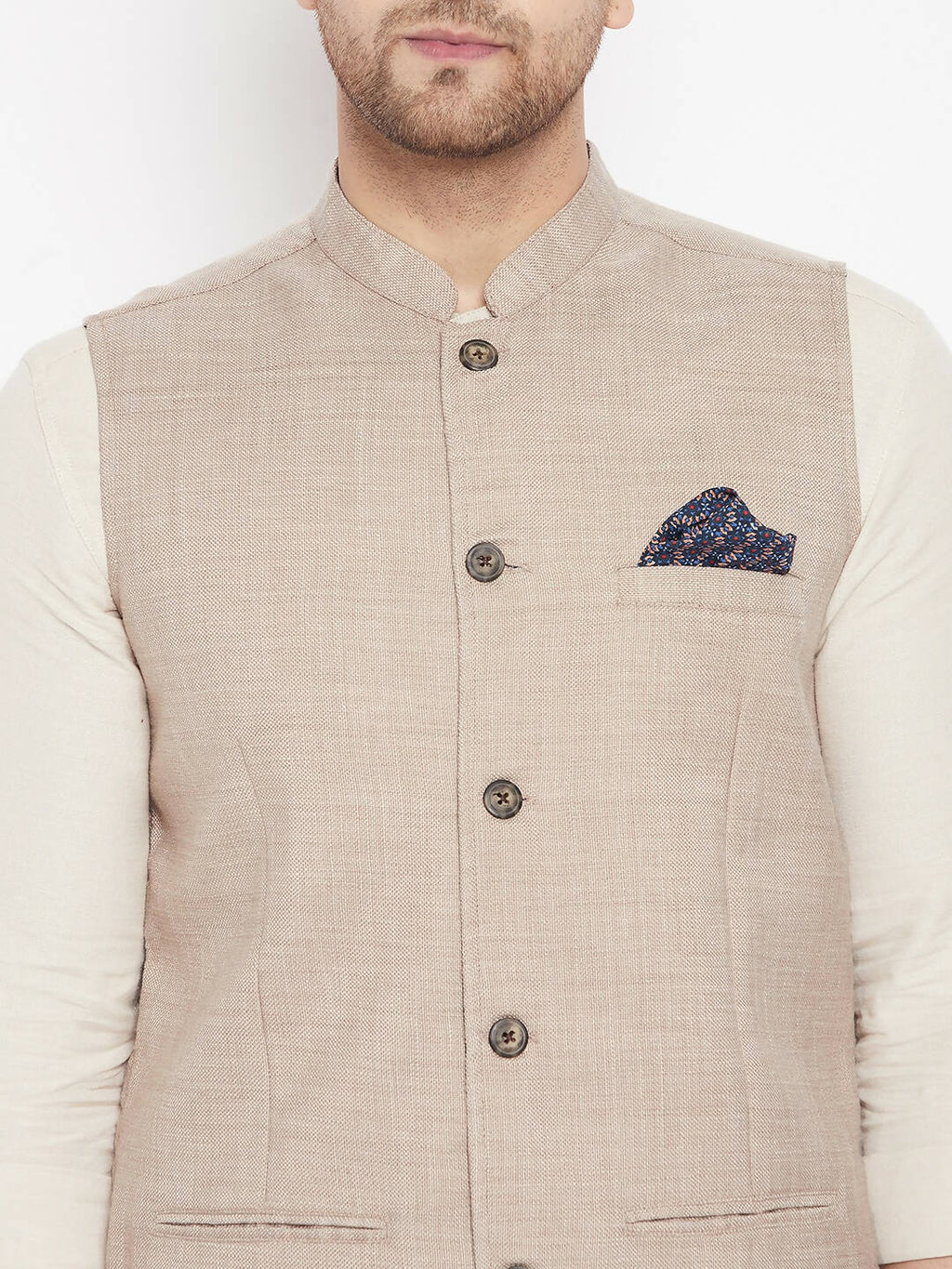 Even Apparels Cream Linen Men's Nehru Jacket-Contrast Lining-Inbuilt Pocket Square