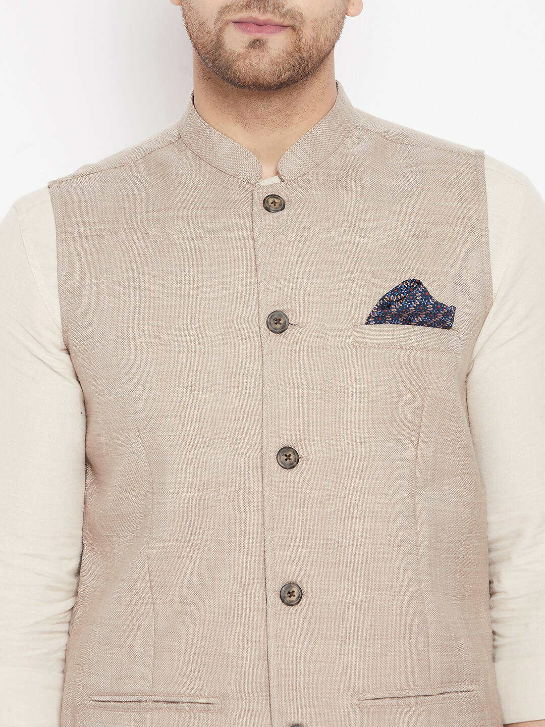Even Apparels Cream Linen Men's Nehru Jacket-Contrast Lining-Inbuilt Pocket Square