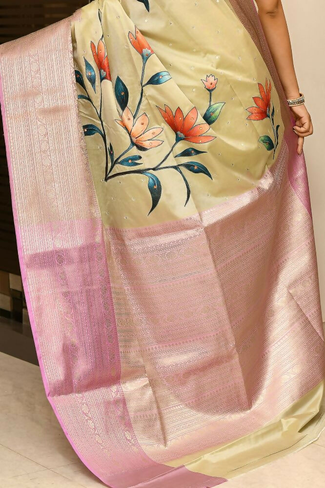Joban Fashion Lavender & Brown Saree Kataan Applick Witch Mirror