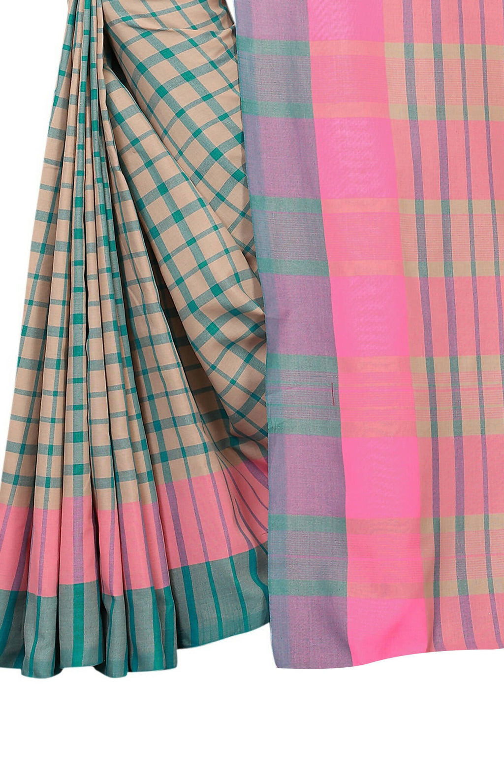 Vamika Cream Cotton Silk Weaving Saree (Terra Checks Rama)