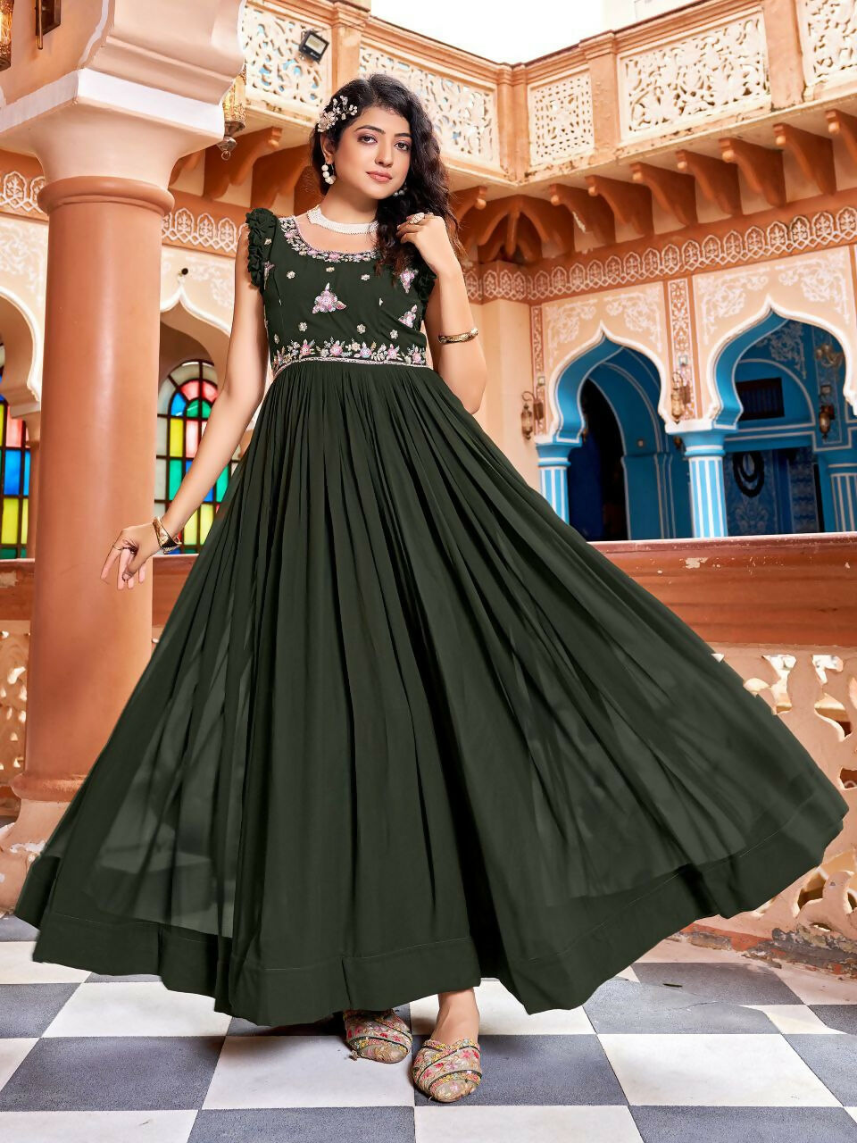 Joban Fashion Mehendi Readymade Dress With Sequins embroidery Work