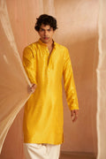 Yellow Viscose Chikankari Embroidery Work Men's Traditional Kurta Set - Mahotsav