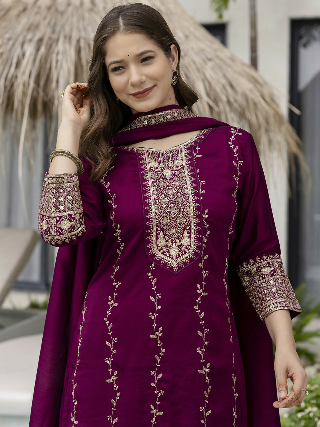 The52 Wine Beautiful Embroidered Vichitra Silk Fabric Straight Kurta, Palazzo and Dupatta Set