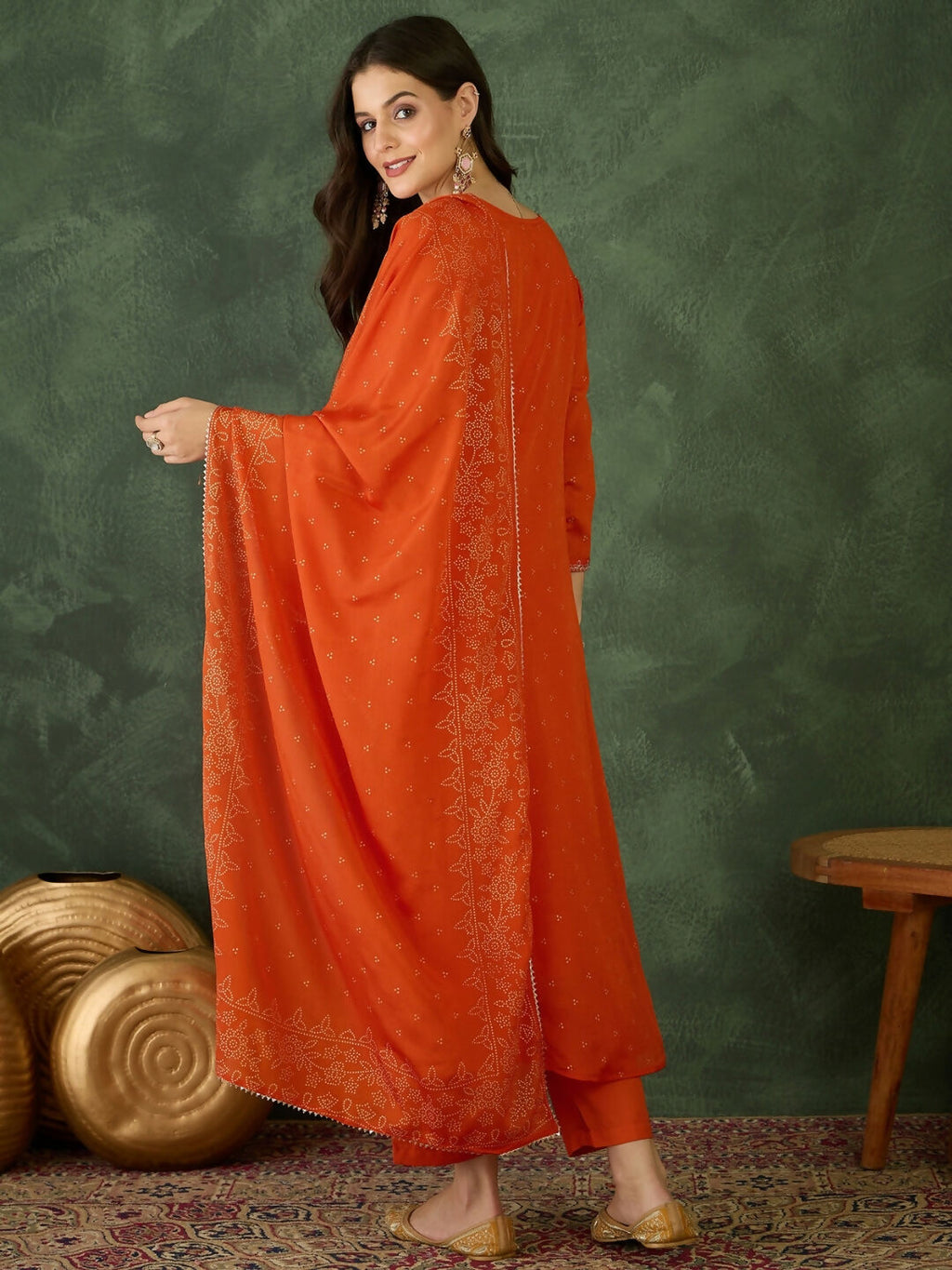 The52 Orange Women's Gorgeous Embroidered Chinon Fabric Flared Kurta Pant and Dupatta Set