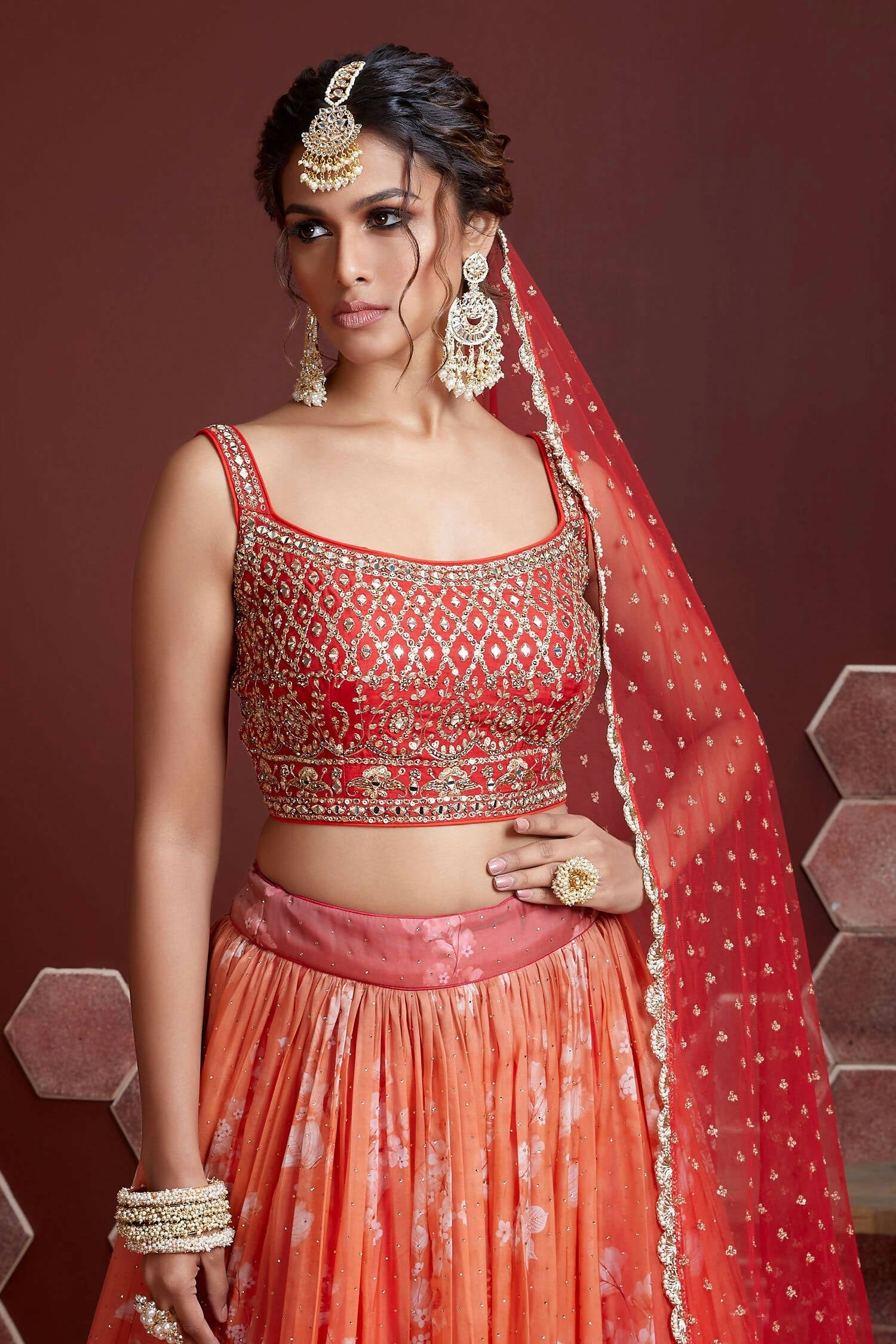Wedding Designer Orange Tabby Silk Lehenga Choli - Anbazaar