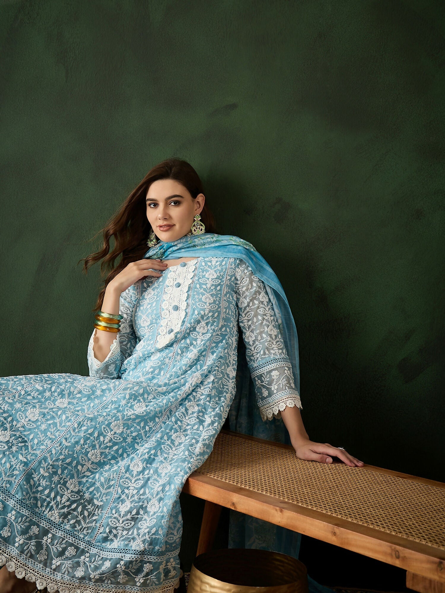 Blue Crystal Organza schiffli embroidery Kurta With Trouser & Dupatta - Bhumi