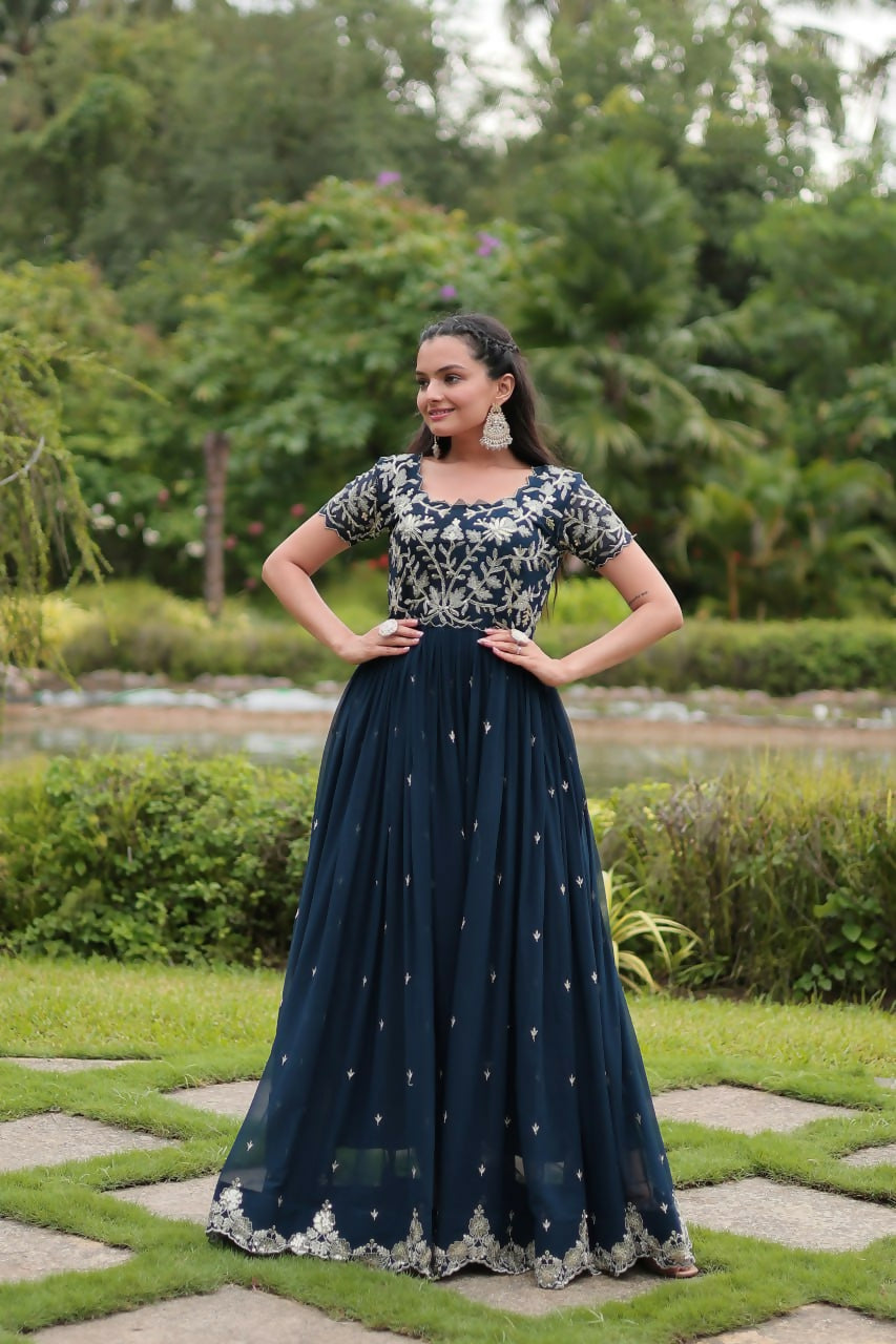 Vastranavya Premium Designer Faux Blooming with Coding Sequins Embroidery work Gown - Teal