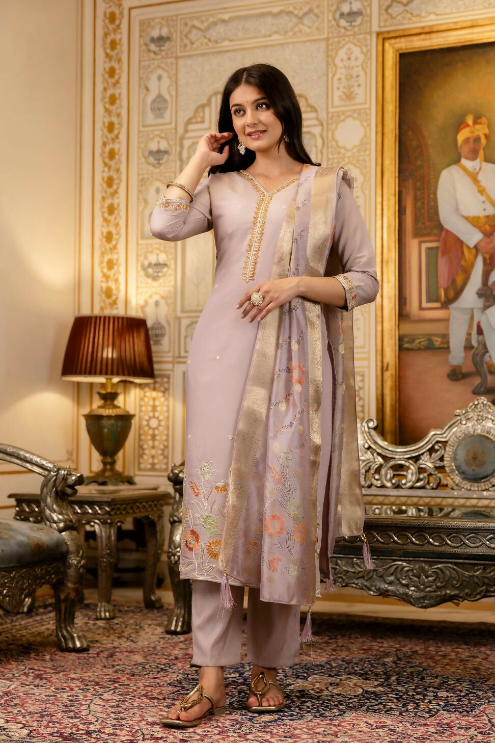 The52 Lavender Women's Beautiful Viscose Shimmer Fabric Embroidered Work Straight Kurta Pant and Dupatta Set