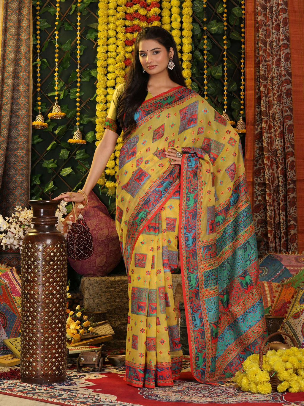 Shree Shyam Fashion Linen Cotton Yellow Saree