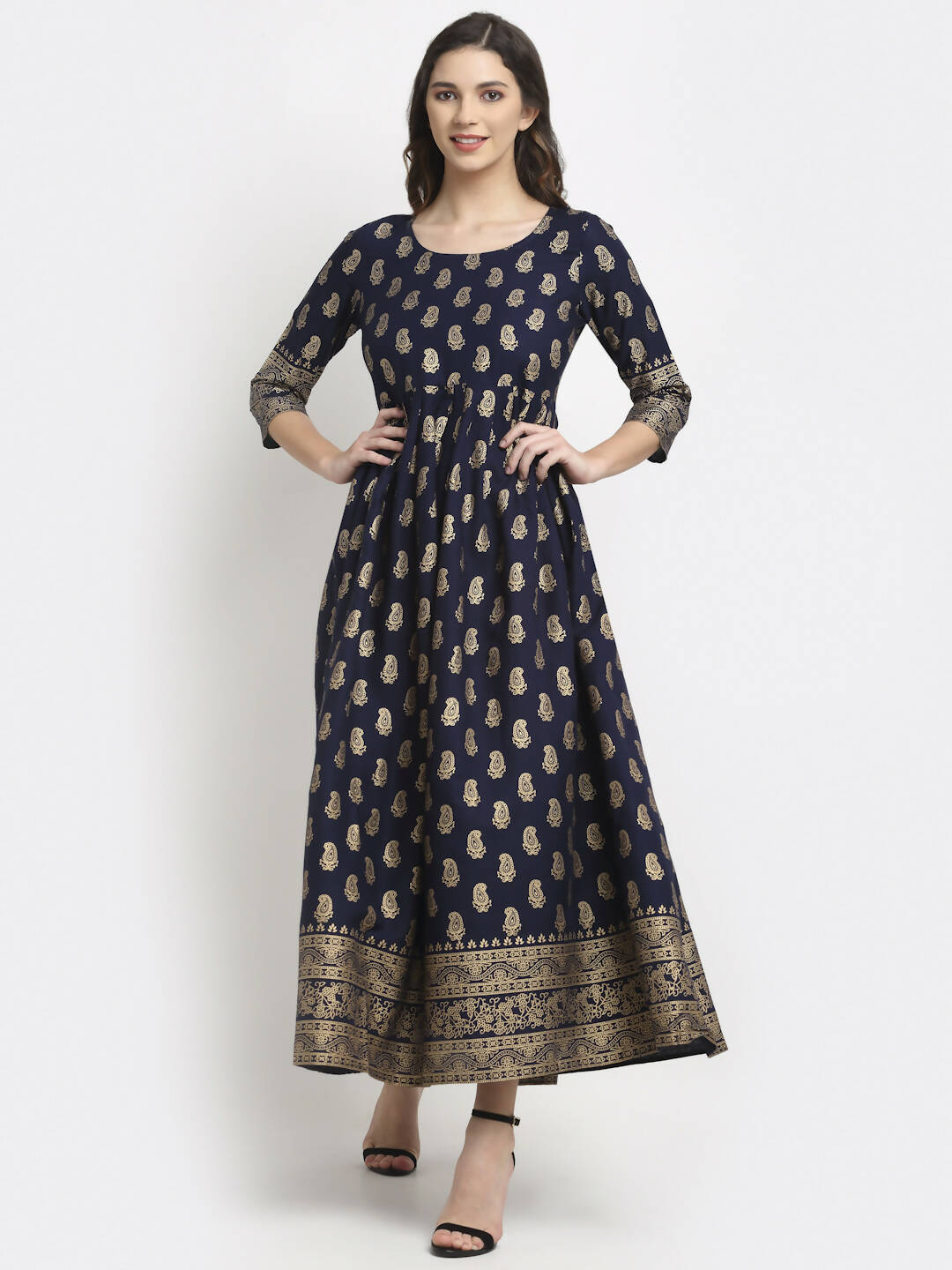 Rudra Bazaar Gold Printed A-Line Blue Kurti