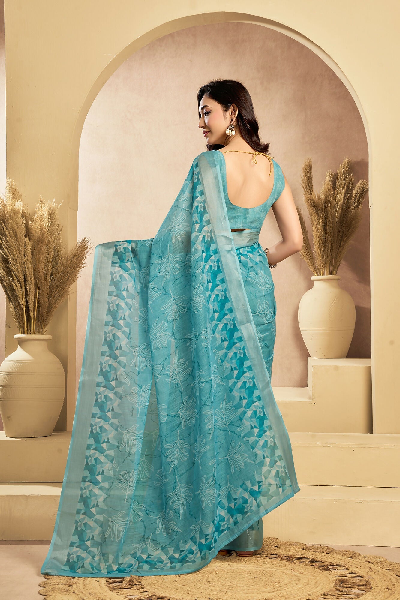 Vastranavya Sky Blue Digital Printed Linen Ready To Wear Designer Saree with Unstitched Blouse