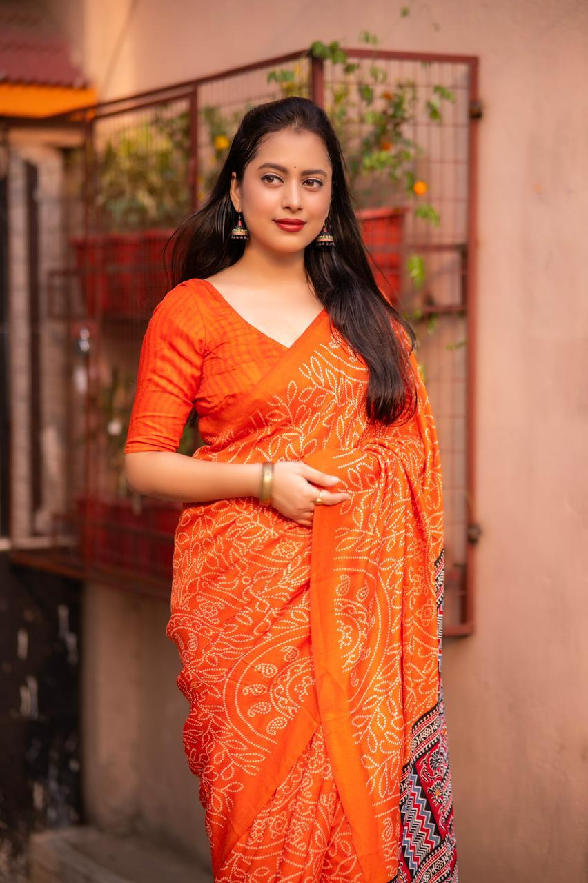 Orange Silk Blend Ajrak Saree with Unstitched Blouse - Hiral Fashion