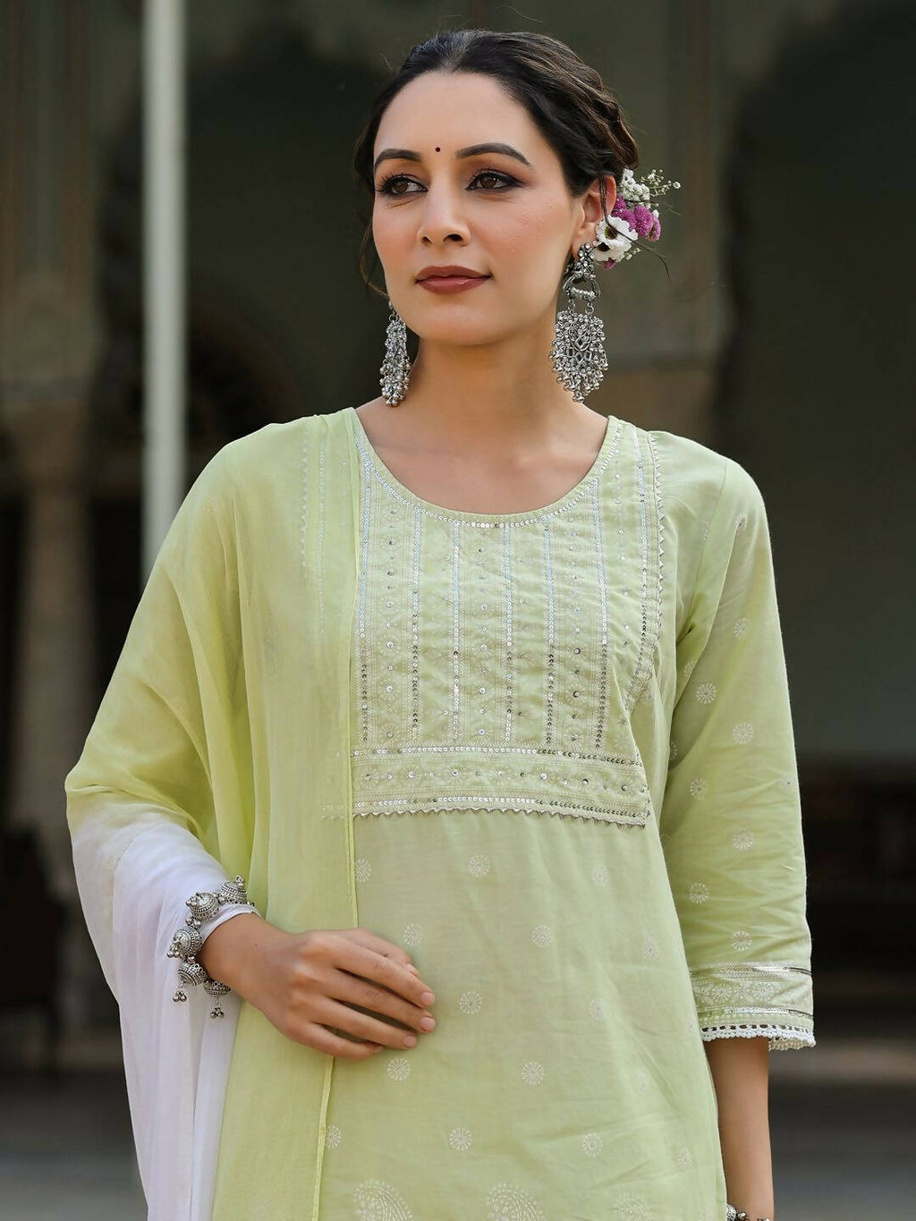 Juniper Women's Lime Green Cambric Floral Print Kurta Sharara Sets