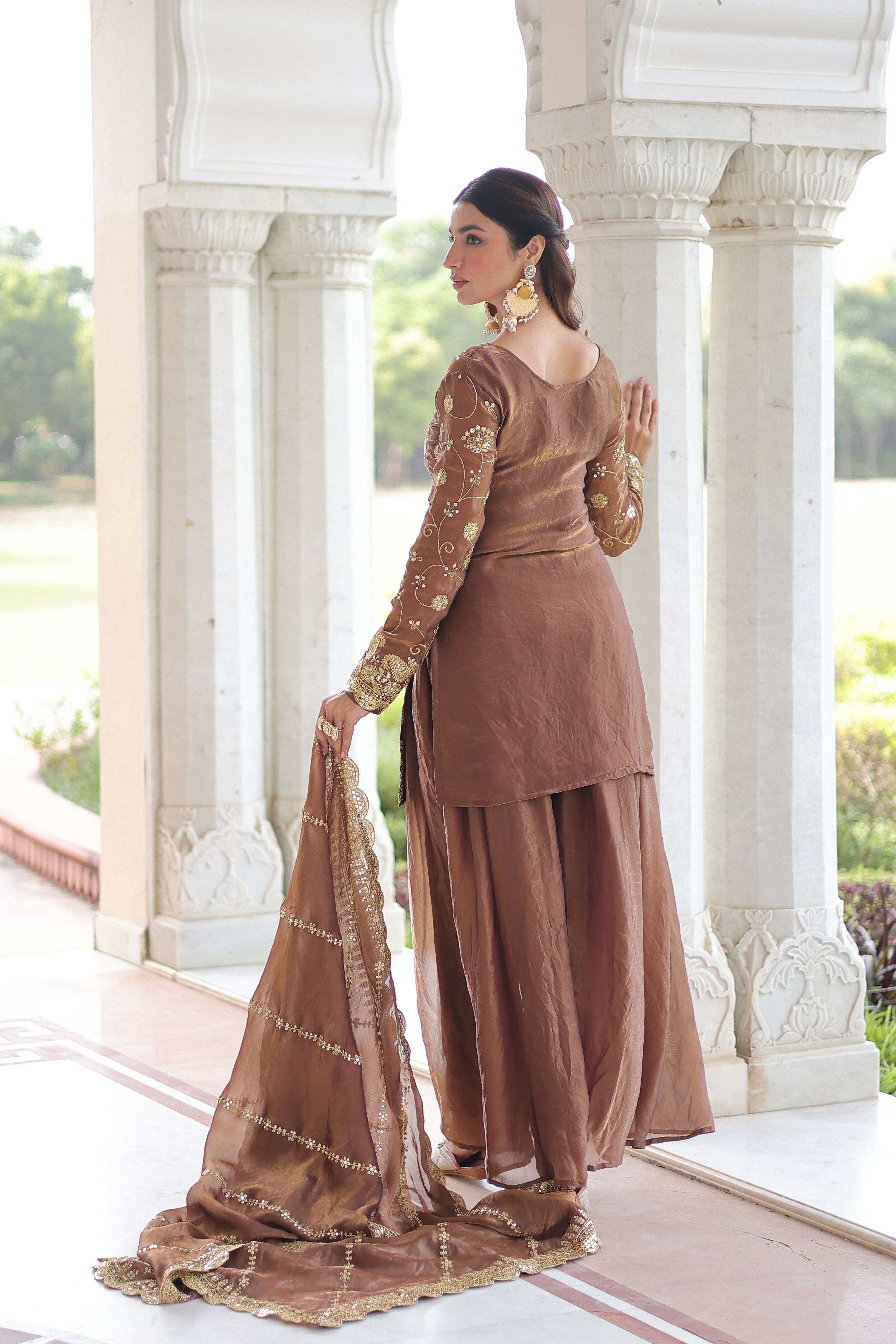 Joban Fashion Coffee Readymade Kurta Set With Sequence embroidery Work