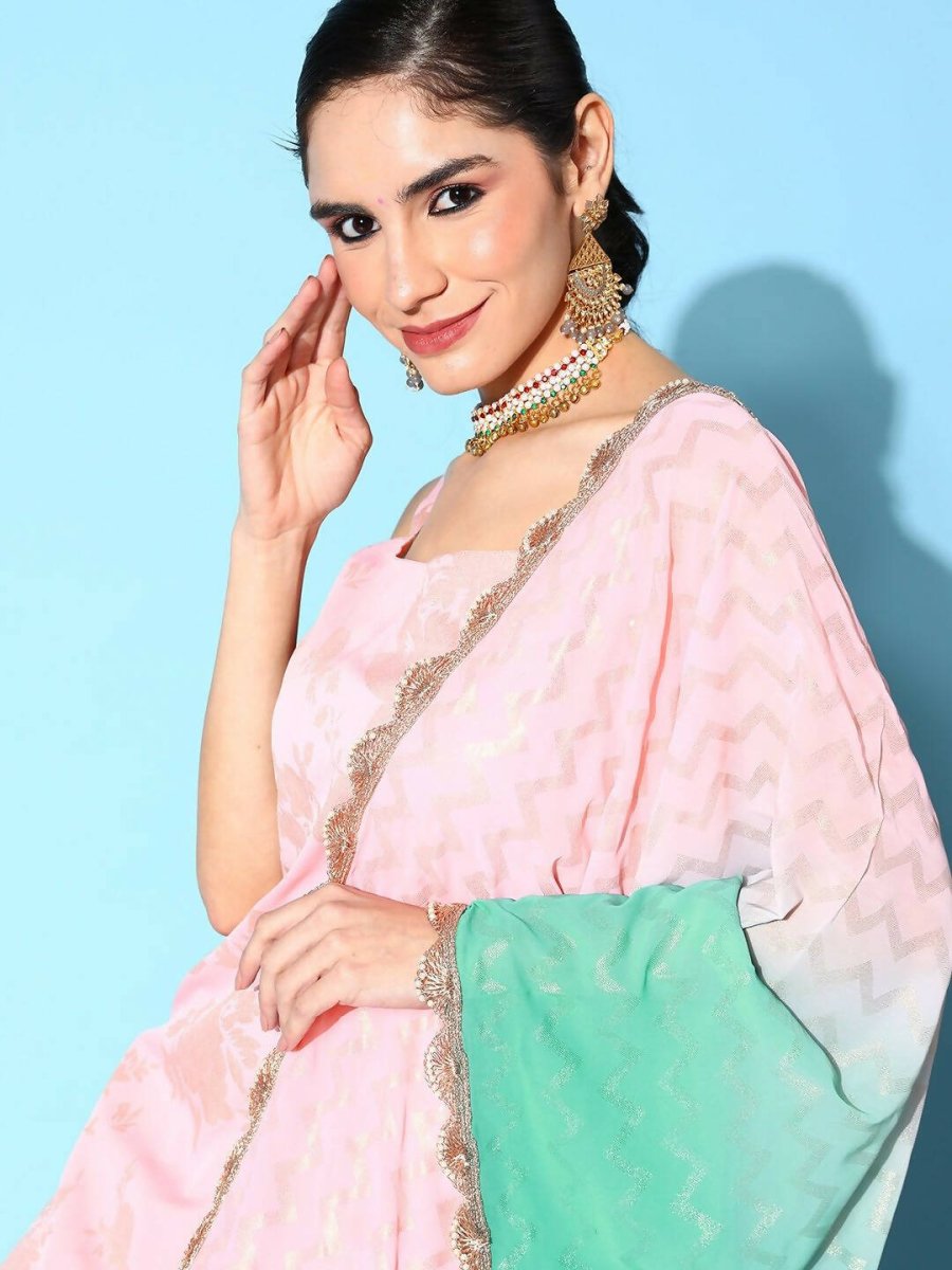 Ahalyaa Women's Baby Pink Crepe Gold Smoke Printed Kurta Sharara Set With Dupatta