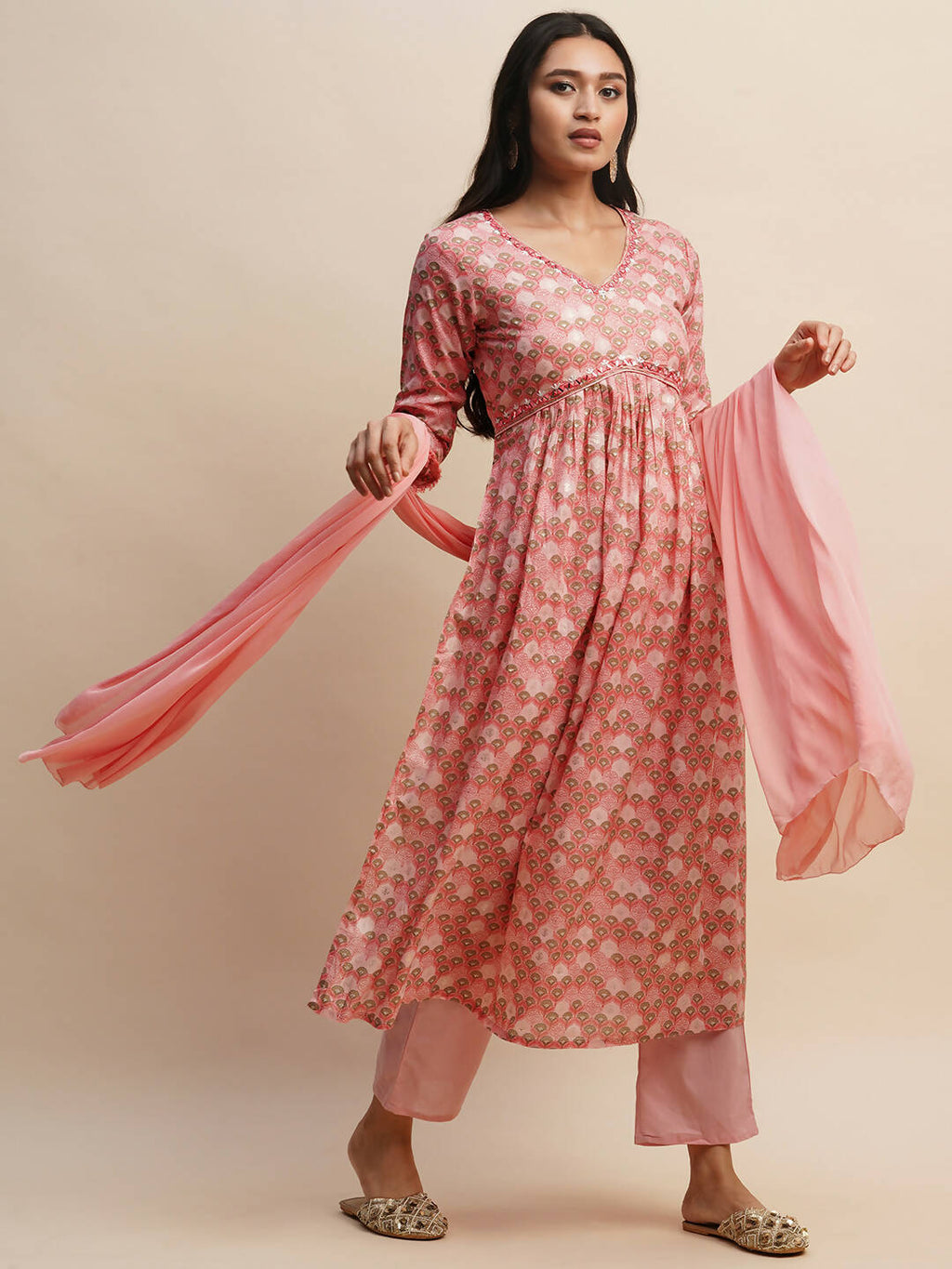 Pink Pure Cotton Floral Printed Naira Cut Kurta And Bottom With Dupatta - Akashara
