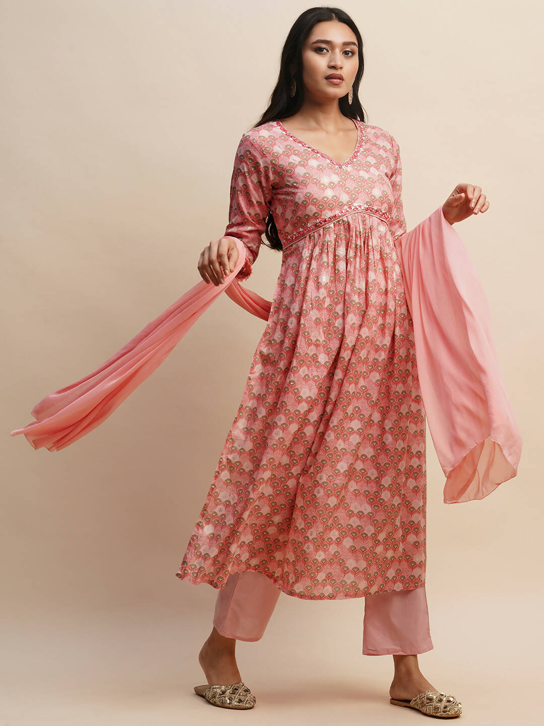 Pink Pure Cotton Floral Printed Naira Cut Kurta And Bottom With Dupatta - Akashara