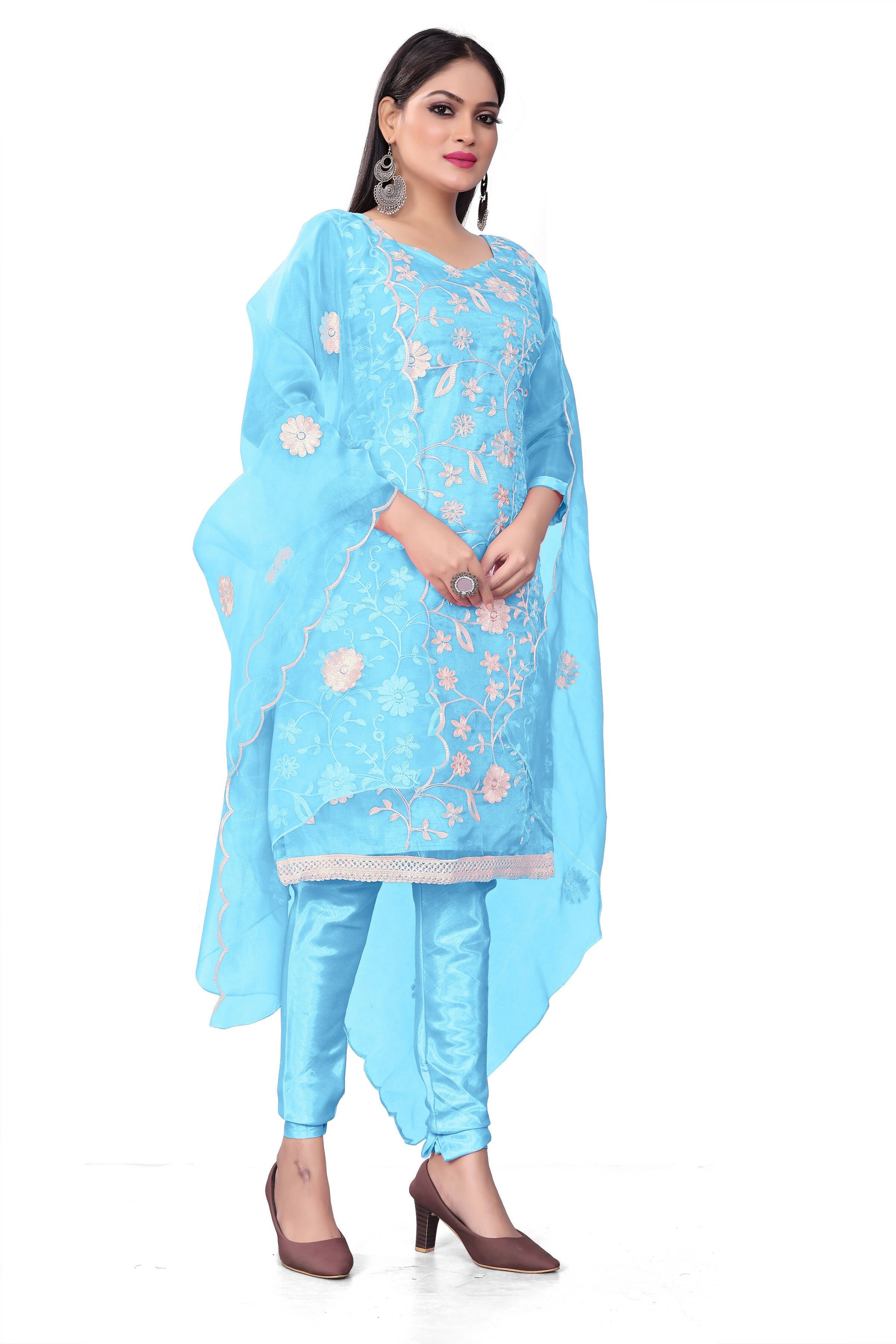 Sky Blue Organza Silk Embroidered Work Unstitched Dress Material - Tanvi