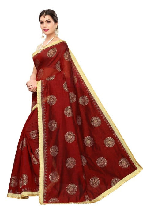 Vamika Chanderi Cotton Foil Print Maroon Saree (GOLDEN BIRD MAROON)