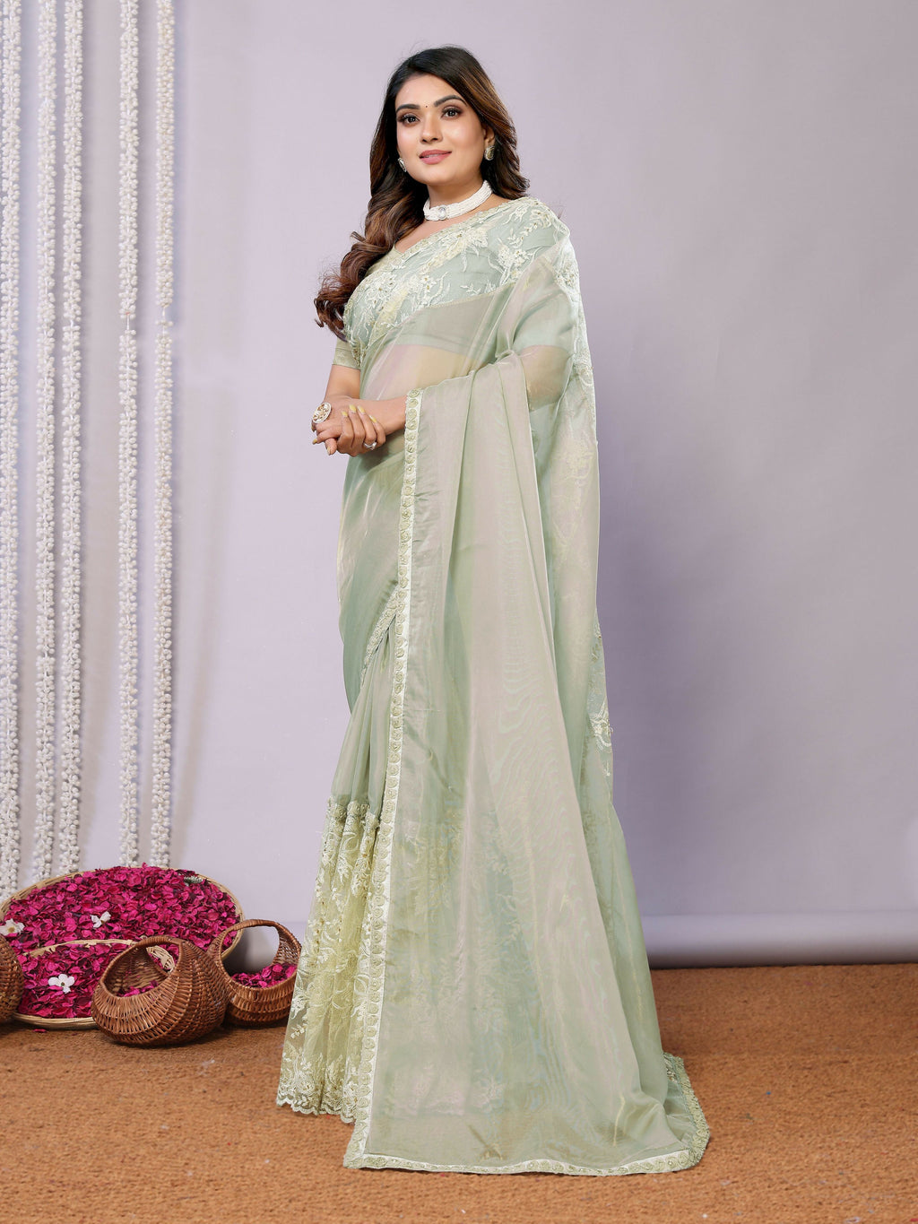 Green Glass Tissue,Net Embroidered Saree With Stitched Blouse - Nimaya Kaksha
