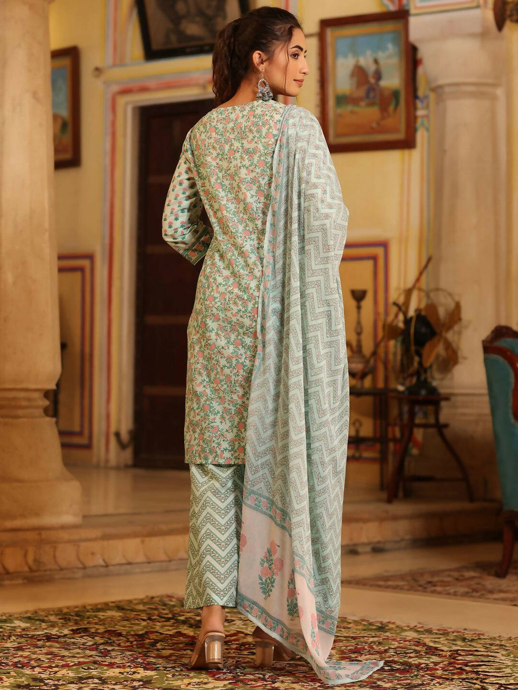 Juniper Women's Seagreen Cambric Floral Printed Kurta Palazzo Set
